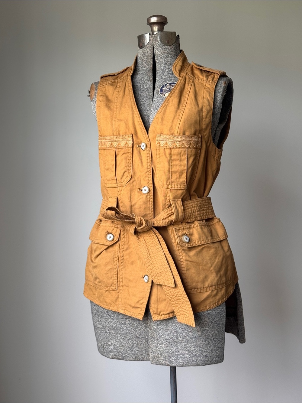 Anthropologie Elevenses Utility Embroidered Belted Vest Tan